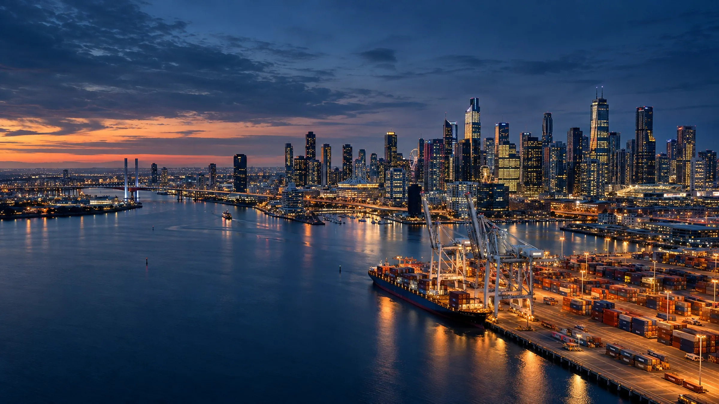 Melbourne skyline and container port at dusk
