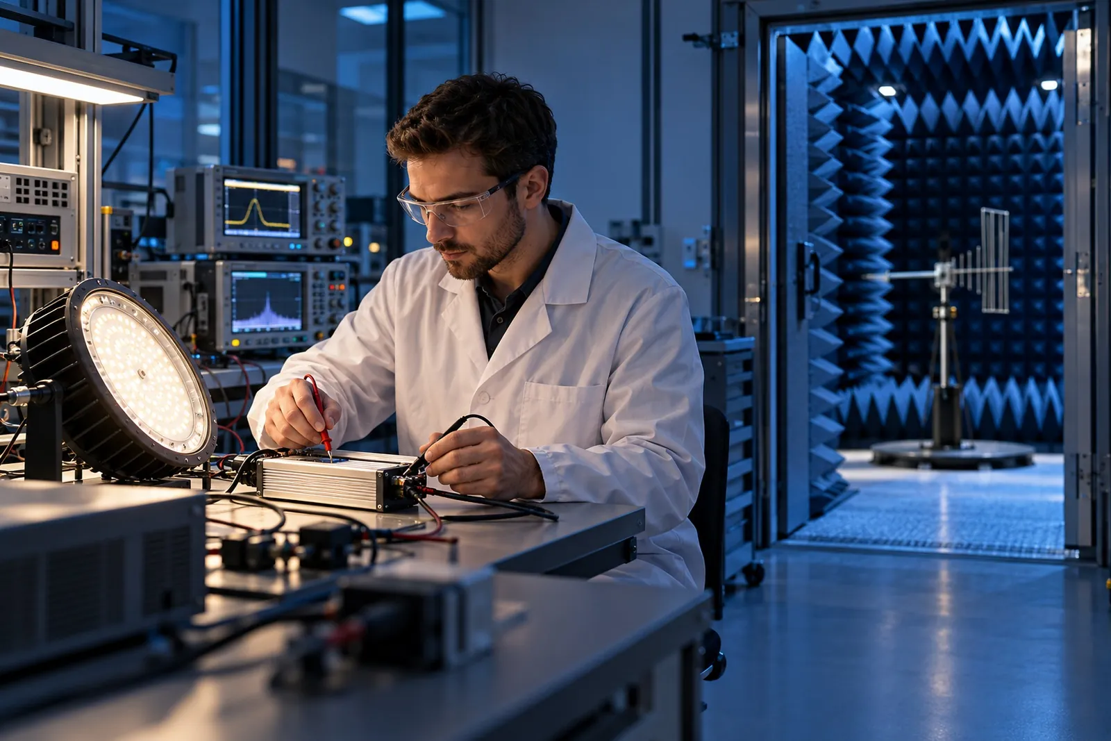 Technician testing an LED light fitting in a product testing laboratory